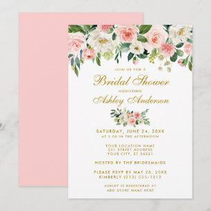 Bridal Shower Pink White Gold Floral Invite P