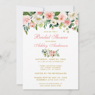 Bridal Shower Pink White Gold Floral Invite Pk