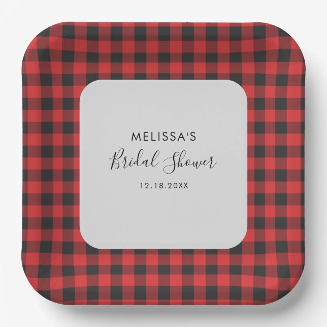 Bridal Shower Plaid Black Red Buffalo Plaid Rustic Paper Plate (Front)