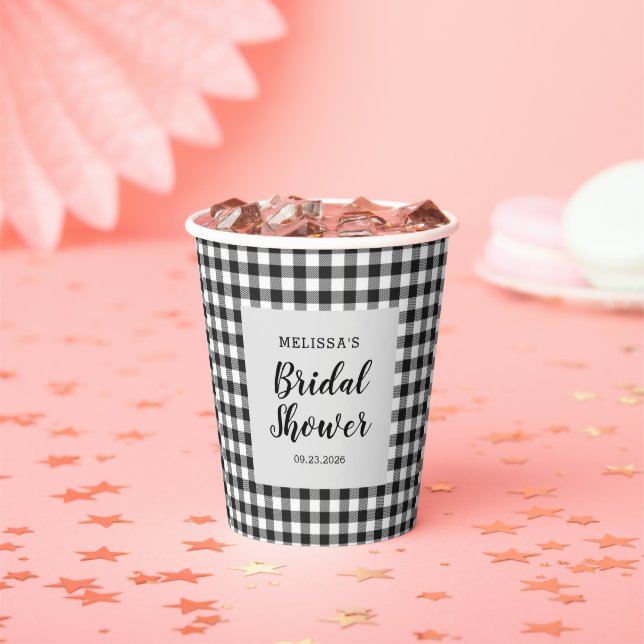 Bridal Shower Plaid Black White Gingham Paper Cups (Insitu)