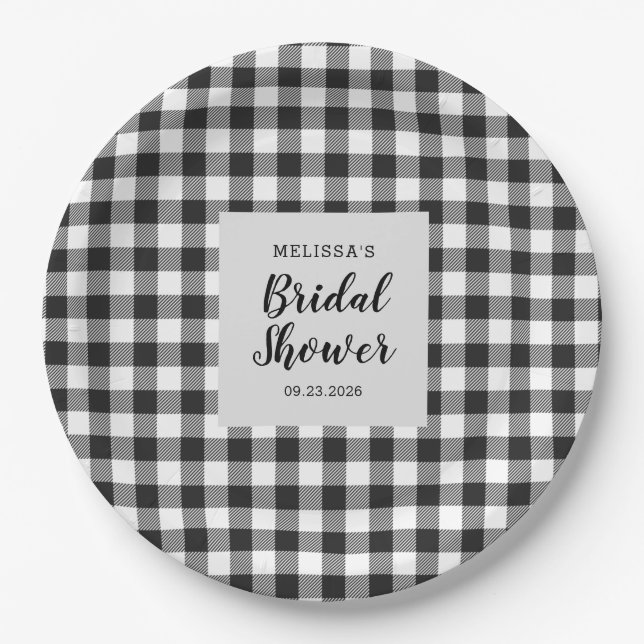 Bridal Shower Plaid Black White Gingham Paper Plate (Front)