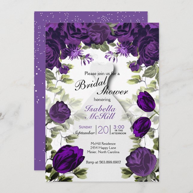 Bridal Shower - Plum Purple Botanical Flowers Invitation (Front/Back)