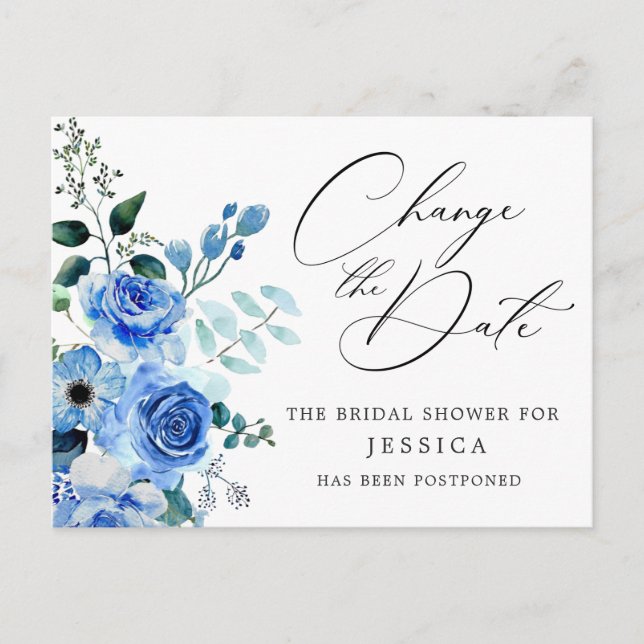 Bridal Shower Postponed Date Elegant Blue Roses Postcard (Front)