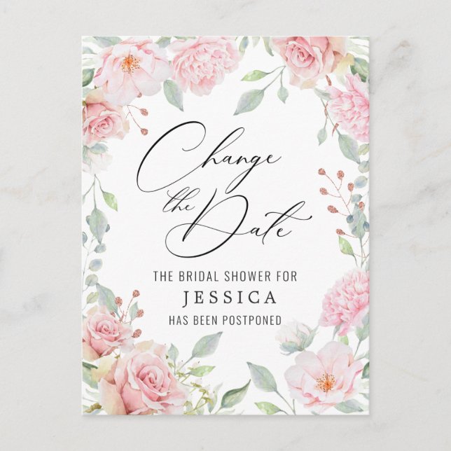 Bridal Shower Postponed Date Elegant Blush Roses Postcard (Front)