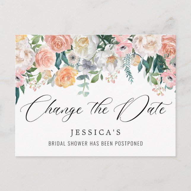 Bridal Shower Postponed Date Elegant Blush Roses Postcard (Front)