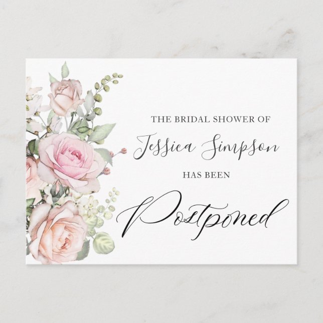 Bridal Shower Postponed Date Elegant Blush Roses Postcard (Front)