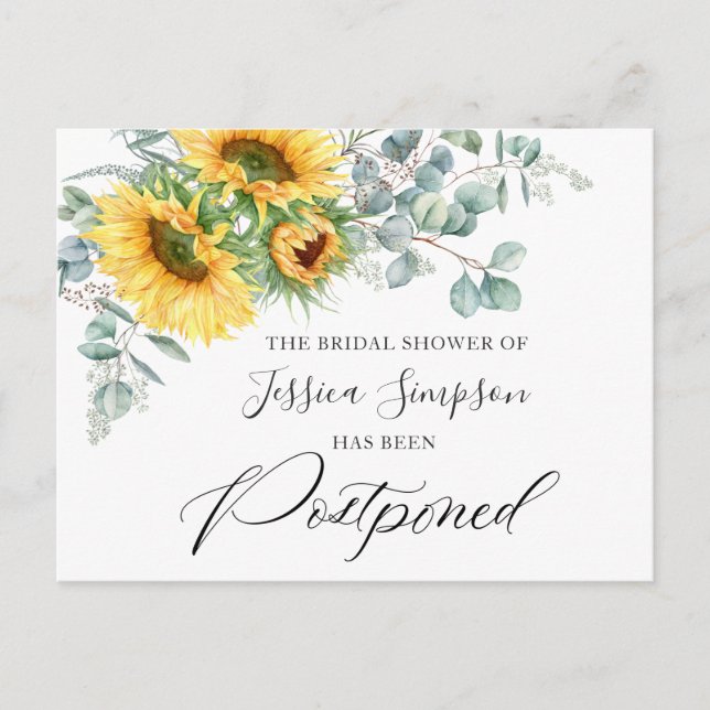 Bridal Shower Postponed Date Sunflowers Eucalyptus Postcard (Front)