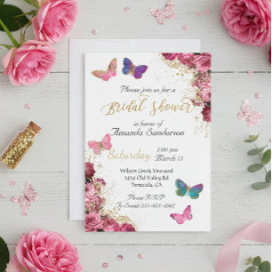 Bridal Shower Pretty Chic Floral Pink Butterfly Invitation