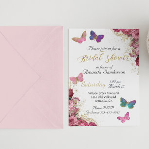 Bridal Shower Pretty Chic Floral Pink Butterfly Invitation