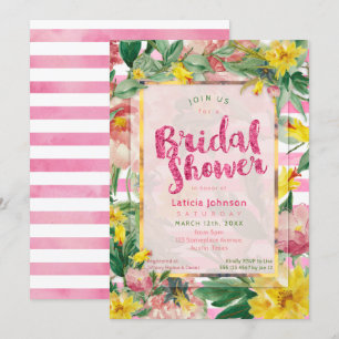 Bridal Shower   Pretty Yellow Pink Floral+Stripes Invitation