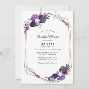 Bridal Shower Purple Floral Rose Gold Geometric Invitation