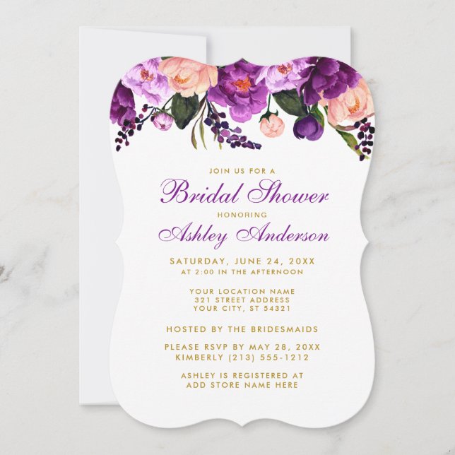 Bridal Shower Purple Gold Floral Invite B (Front)