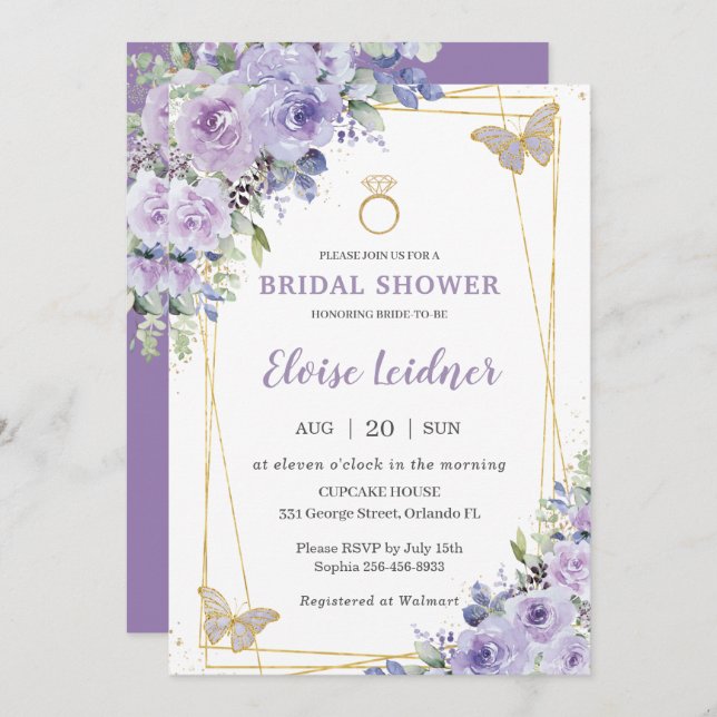 Bridal Shower Purple Lilac Floral Butterflies Ring Invitation (Front/Back)