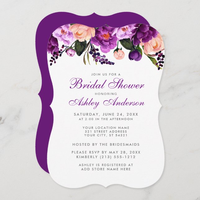 Bridal Shower Purple Silver Floral Invite BP (Front/Back)