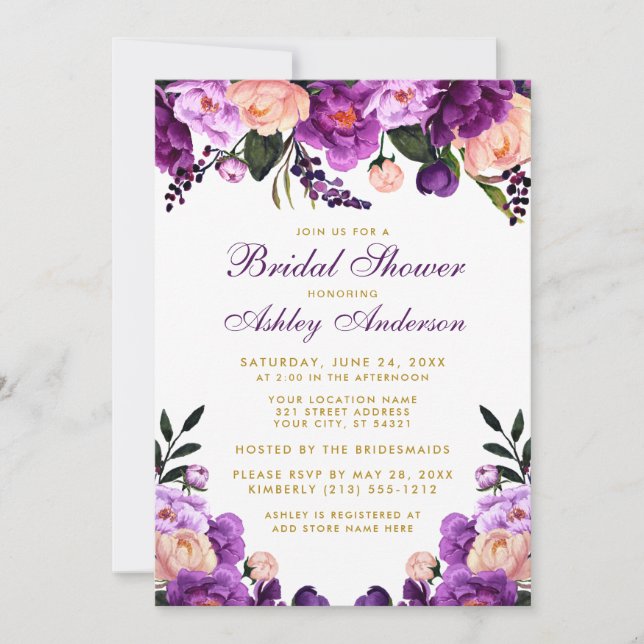 Bridal Shower Purple Violet Floral Gold Invite (Front)