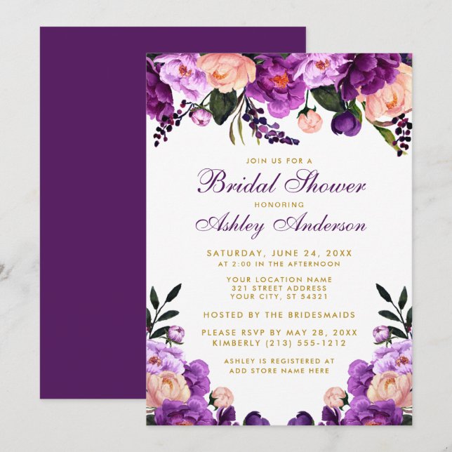 Bridal Shower Purple Violet Floral Gold Invite P (Front/Back)