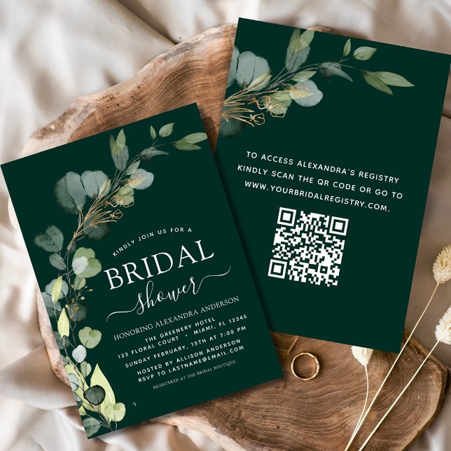 Bridal Shower QR Code Emerald Green Eucalyptus Invitation (Creator Uploaded)