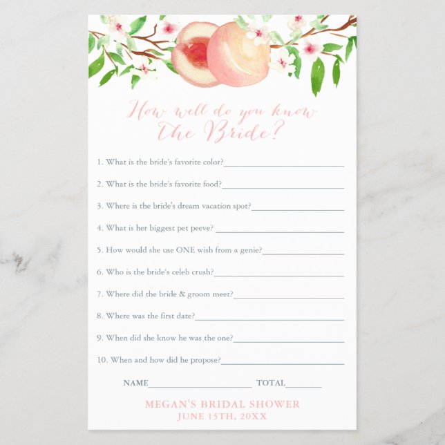 Bridal Shower Quiz, Editable Questions Game Card (Front)