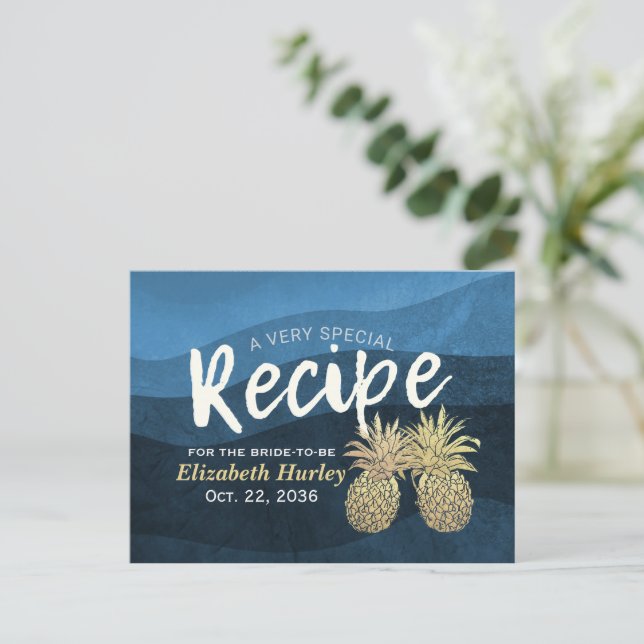 Bridal Shower Recipe Blue Gold Pineapple Couple Invitation Postcard (Standing Front)
