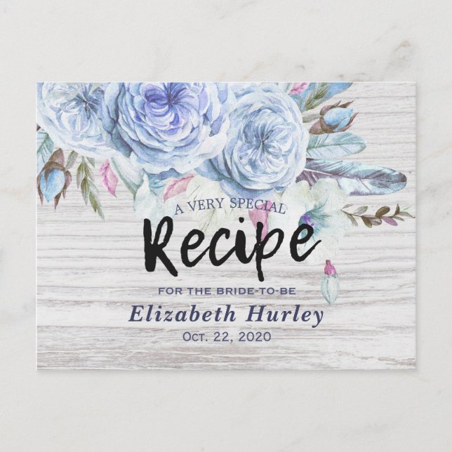 Bridal Shower Recipe Boho Flowers Feathers Wood Invitation Postcard (Front)