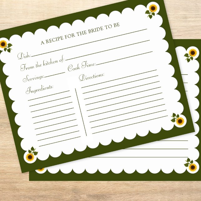 Bridal Shower Recipe Card Elegant Sunflower Green (Creator Uploaded)