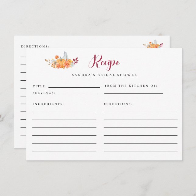 Bridal Shower Recipe Card Fall Pumpkin Autumn (Front/Back)