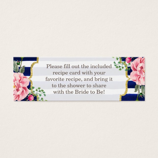 Bridal Shower Recipe Card Poem Floral Navy Stripes (Front)