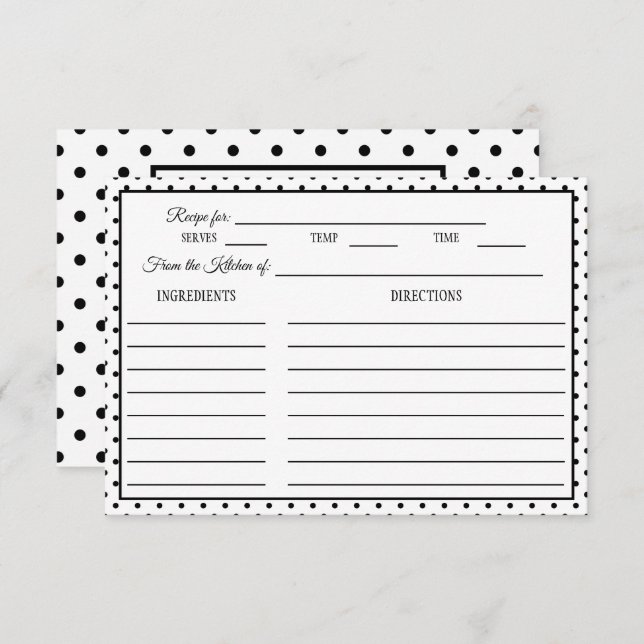 Bridal Shower Recipe Card Polka Dot Black & White (Front/Back)