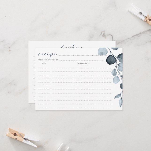 Bridal Shower Recipe Cards Blue Grey Foliage (Front/Back In Situ)