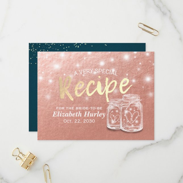 Bridal Shower Recipe Couple Mason Jars Rose Gold Invitation Postcard (Front/Back In Situ)