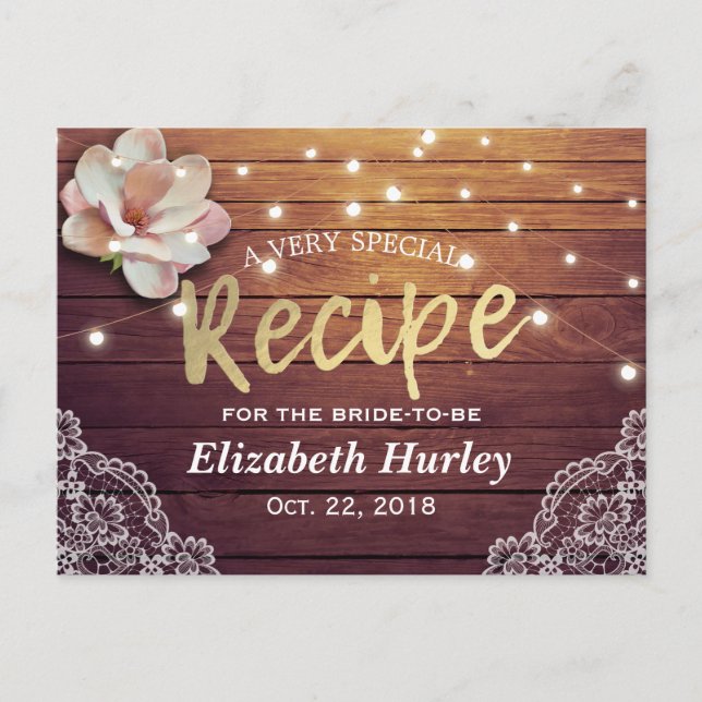 Bridal Shower Recipe Floral String Light Wood Lace Invitation Postcard (Front)