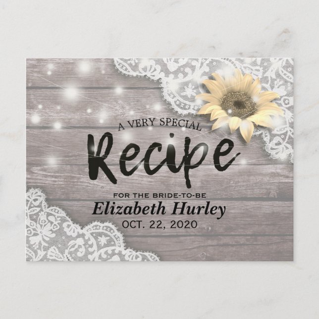 Bridal Shower Recipe Lace Sunflower Wood Lights Invitation Postcard (Front)