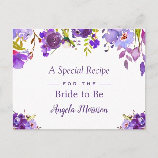 Bridal Shower Recipe Purple Violet Flowers Postcard (Front)