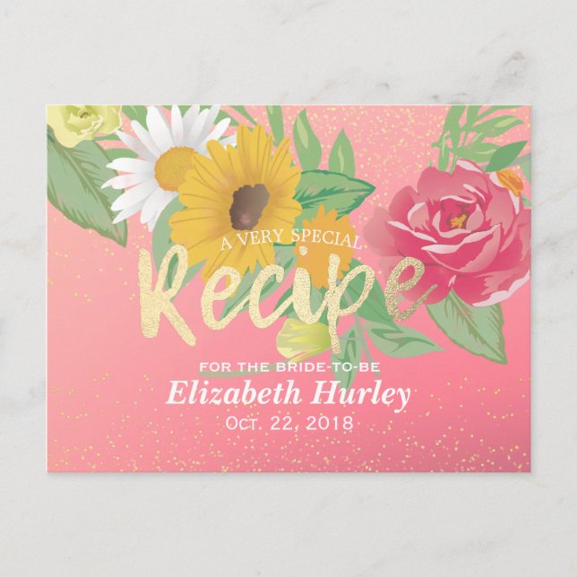 Bridal Shower Recipe Rose Flower Pink Gold Glitter Invitation Postcard (Front)