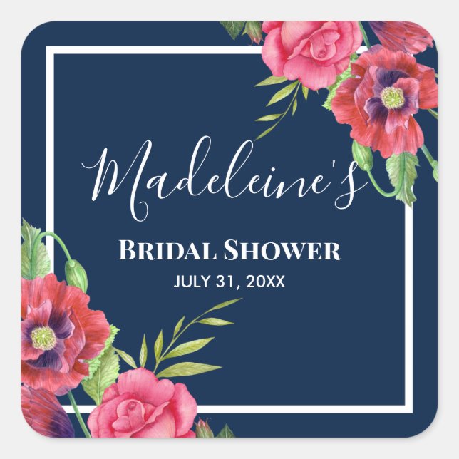 Bridal Shower Red and Pink Flowers Dark Navy Square Sticker (Front)