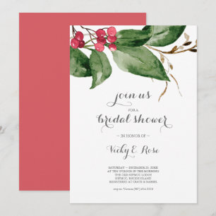 Bridal Shower Red Berries Holiday Party Watercolor Invitation