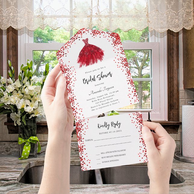 Bridal Shower red dress white RSVP All In One Invitation (Creator Uploaded)
