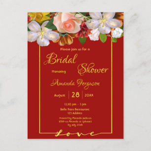 Bridal shower red gold florals postcard