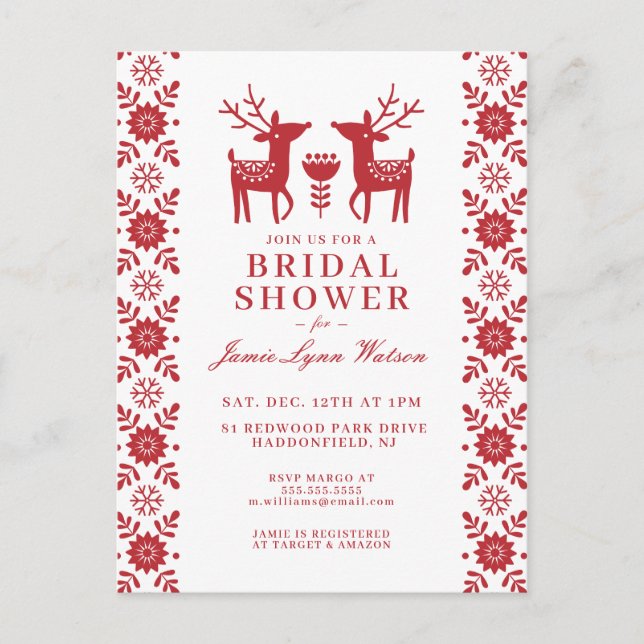 BRIDAL SHOWER | Red Reindeer Christmas Postcard (Front)