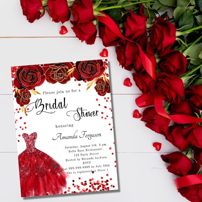 Bridal Shower red white dress roses flowers Invitation Postcard (Creator Uploaded)