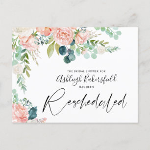 Bridal Shower Rescheduled Pink Floral Date Change Announcement Postcard