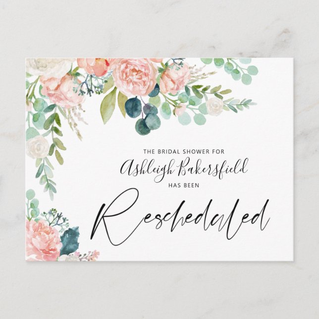 Bridal Shower Rescheduled Pink Floral Date Change Announcement Postcard (Front)