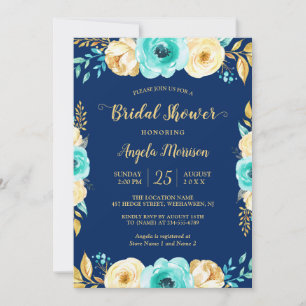 Bridal Shower Romantic Navy Blue Teal Gold Floral Invitation