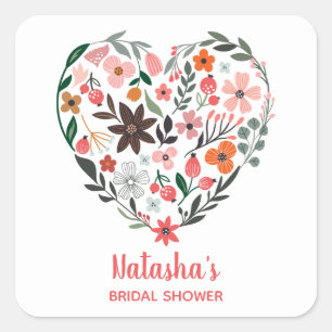 Bridal Shower Romantic, Whimsical Flowers Heart Square Sticker
