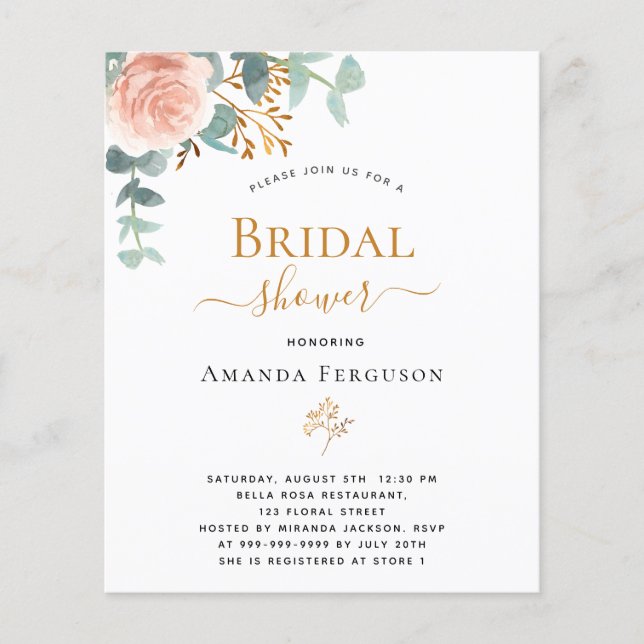 Bridal Shower rose eucalyptus budget invitation Flyer (Front)