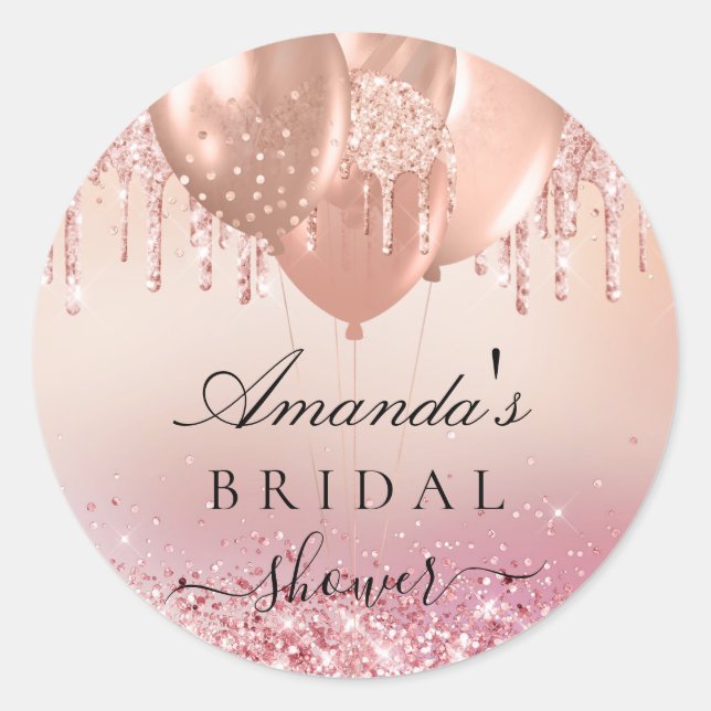 Bridal shower rose gold blush glitter name classic round sticker (Front)