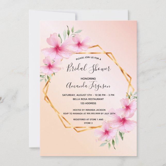 Bridal shower rose gold blush pink floral geo invitation (Front)