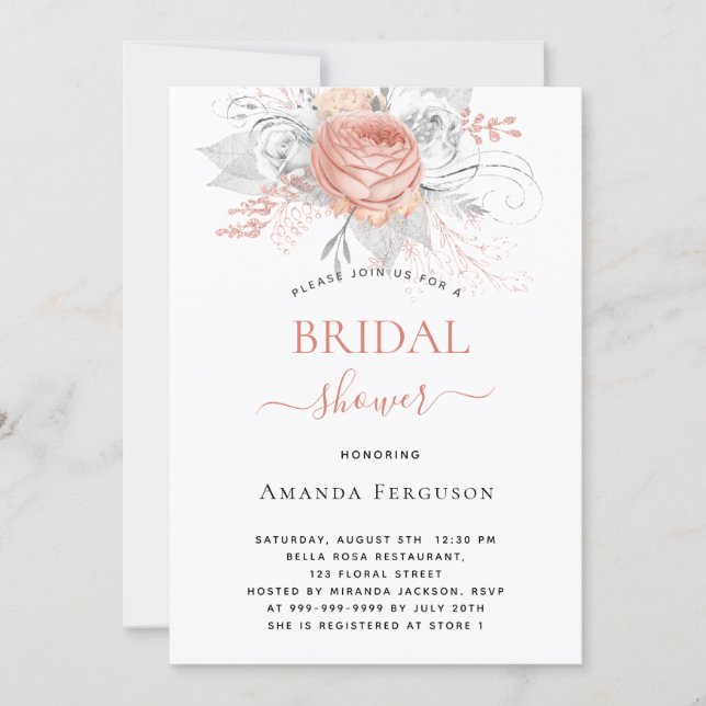 Bridal Shower rose gold floral elegant silver Invitation (Front)
