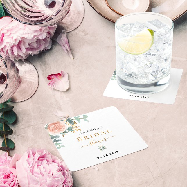 Bridal Shower rose gold floral eucalyptus elegant Square Paper Coaster (Creator Uploaded)