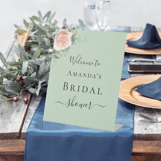 Bridal Shower rose gold floral sage green welcome Pedestal Sign (Creator Uploaded)